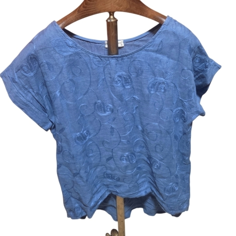 Terzo Millennio Italy Blue Linen Ruffle Hem Short Sleeve Shirt Size Medium